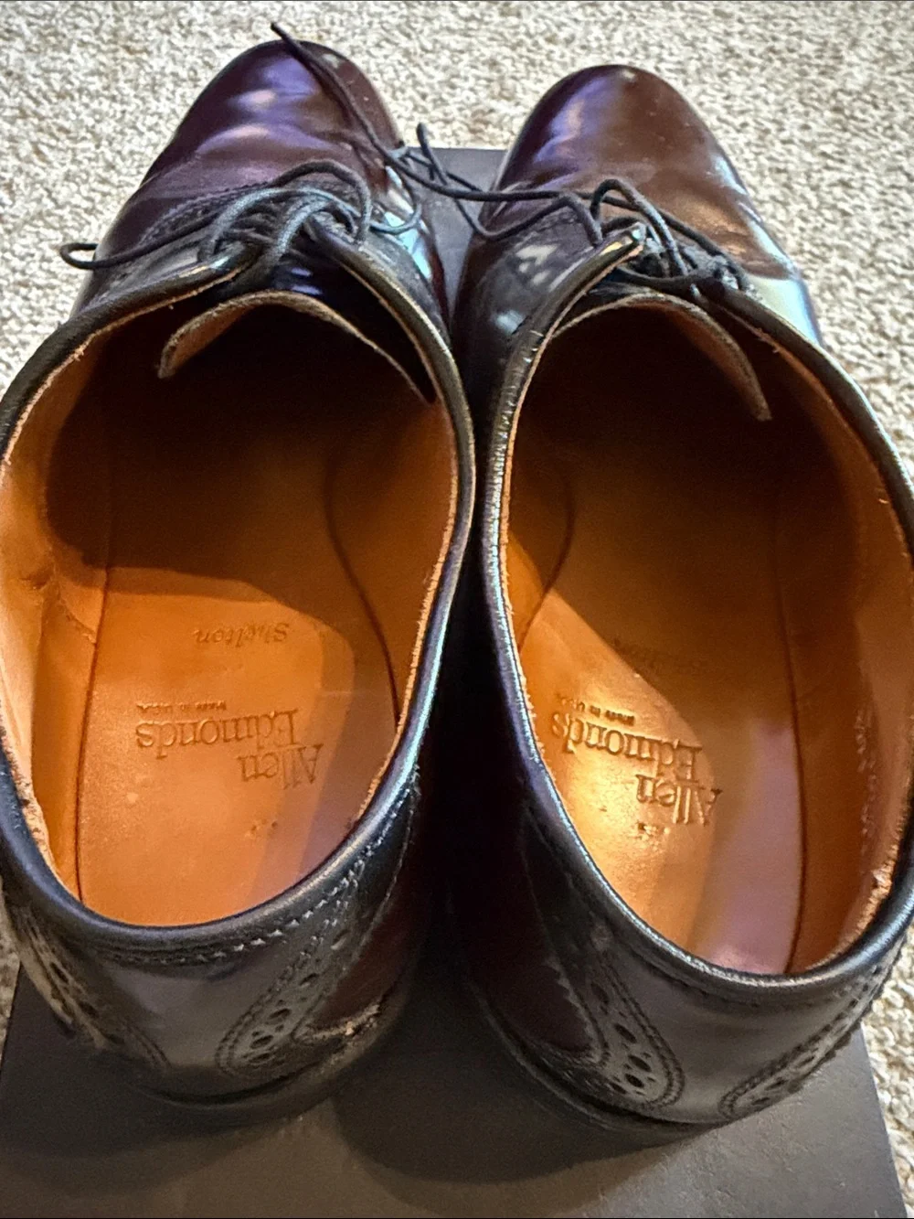 Allen Edmonds Shelton Two-Tone Burgundy and Black Derby Oxfords